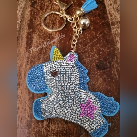 Unicorn Crystal Rhinestone Keychain Bag Charm With Blue Tassel - Picture 15 of 15